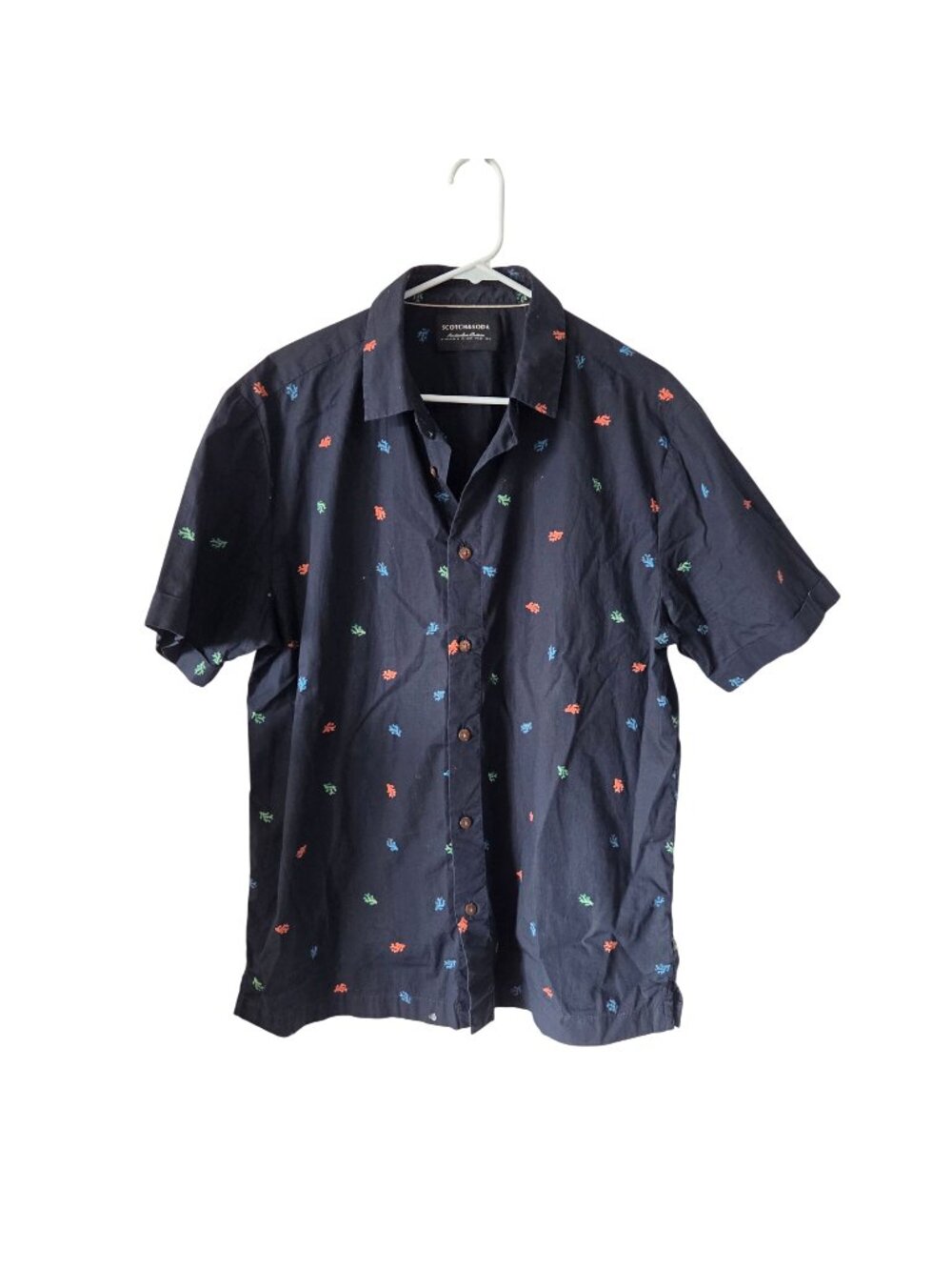 Scotch & Soda Mens XL Navy Button-Up Shirt Multicolor Coral Patttern 100% Cotton